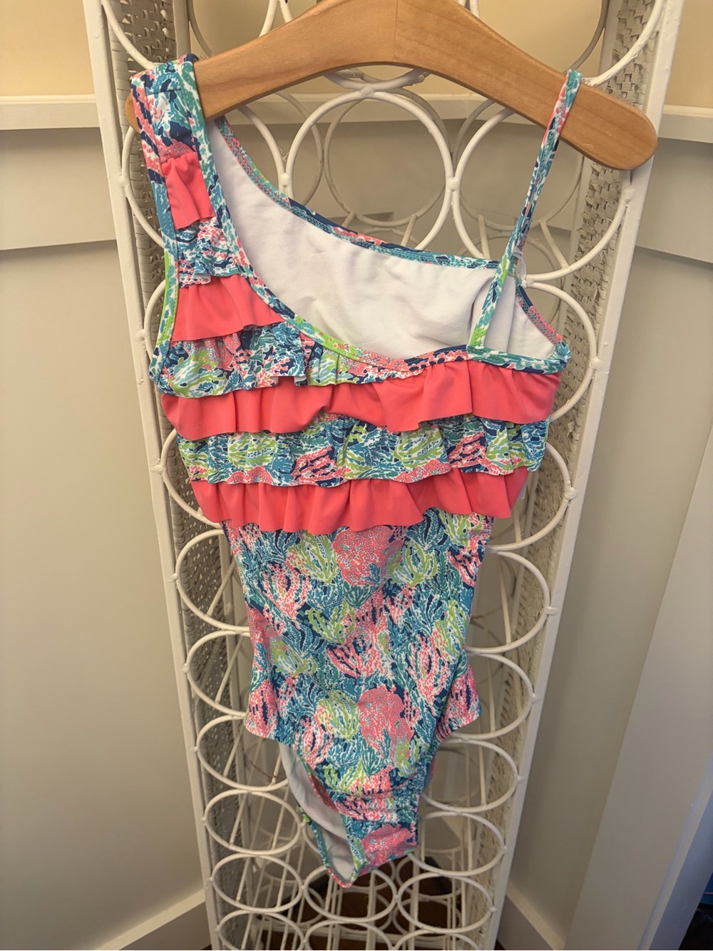 Girls One-Shoulder Ruffled Swim Suit - Coral & Multicolor